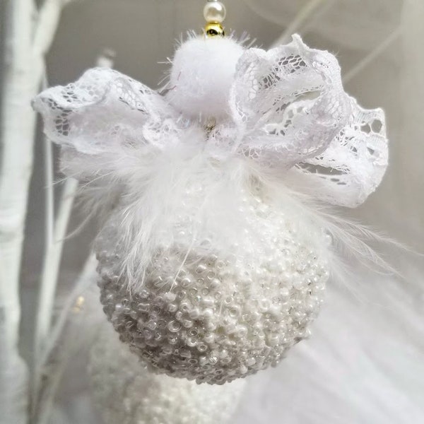White Christmas Ornaments, White Beaded Christmas Decoration, Beaded Ornaments, White Angel Ornament, feathers and Lace, Snowball Ornament