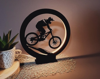 LED Ringlampe Mountainbike Fahrer Dimmbar | Handgefertigt | Sport Lampe Tischlampe Nachtlicht | Geschenk für Biker | Nachhaltig