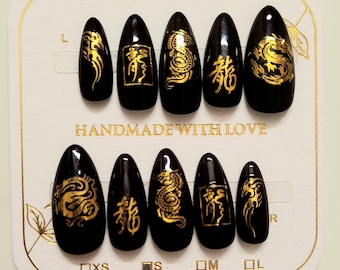 Black&Gold Chinese Dragon press on nails.