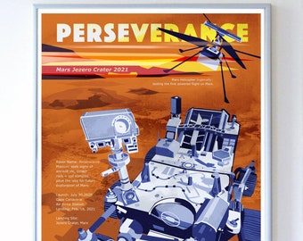 11 x 14 inch NASA Mars Perseverance Rover and Ingenuity Helicopter Art Print, Science Poster, Original Illustration