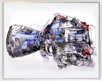 14 x 11 inch SSME - Space Shuttle Main Engine, Science Poster Art Print, Original Illustration - Stellar Science Series™