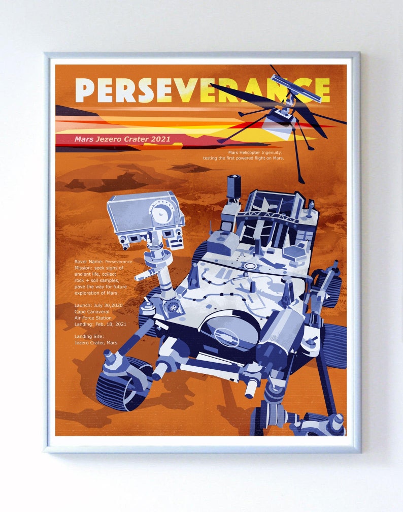 11 x 14 inch NASA Mars Perseverance Rover and Ingenuity Helicopter Art Print, Science Poster, Original Illustration image 1