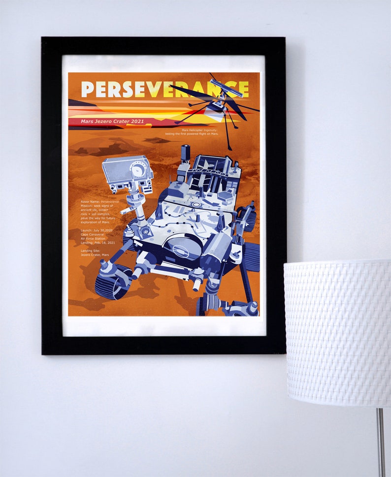 11 x 14 inch NASA Mars Perseverance Rover and Ingenuity Helicopter Art Print, Science Poster, Original Illustration image 3