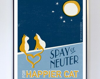 PSA Original Illustration - Spay oder Neuter für glücklichere Katze - Typografie Kunstdruck