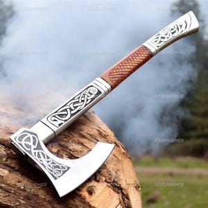 Handmade Viking Axe with Etched Carbon Steel Head | Norse Pattern Axe |