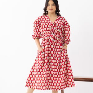 Red Strawberry | Hand Block Printed Red Cotton Midi Dress with Pockets | Boho Floral Dress | Puff Sleeve Summer Dress