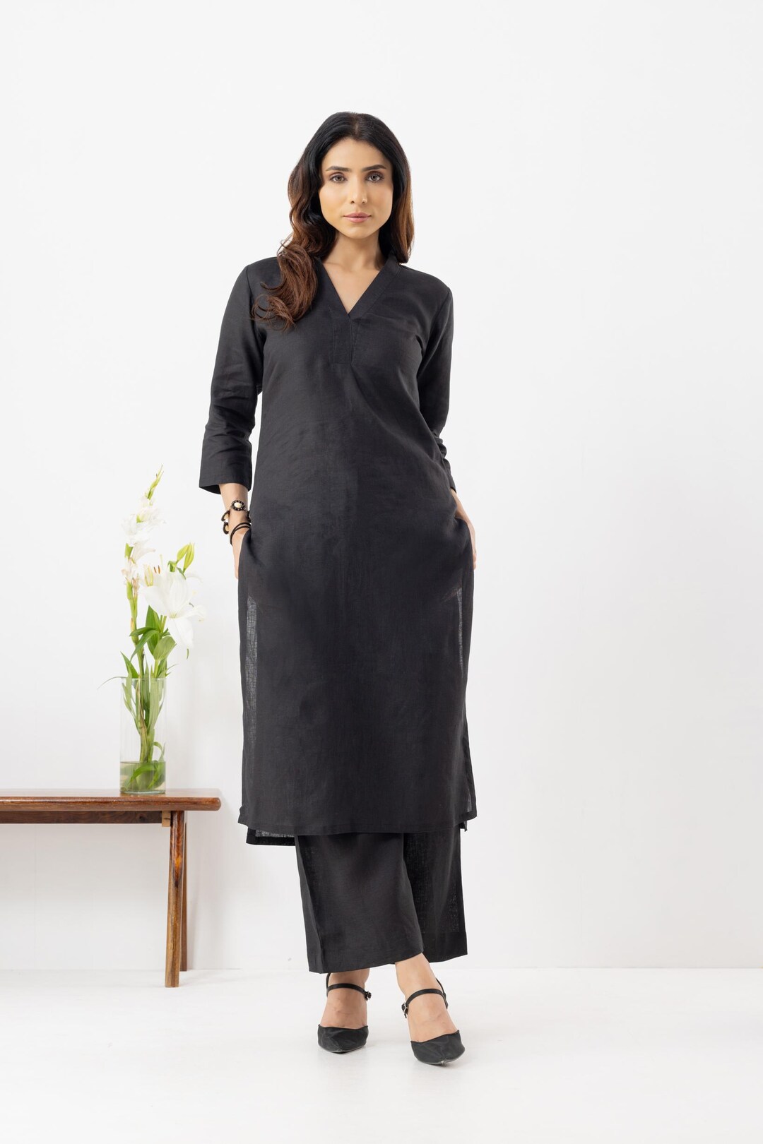 Black Linen Kurta Jacket Set With Thread Resham Work