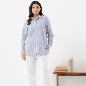 Boldline Shirt | Blue & White Striped Cotton Shirt for Women | Long Sleeve Button Down Casual Shirt | Summer Office Blouse