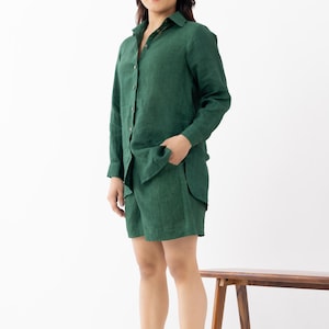 Sondhi Green | Emerald Green Pure Linen Co-ord Set for Women | Summer Lounge Set | Relaxed Fit Linen Shirt and Shorts