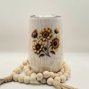 Sunflower Epoxy Wine Tumbler Distressed Wood Tumbler Sunflower Crackle Paint Gift For Her Personalized Birthday Gift For Friend Gift Wine