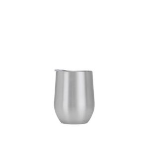 May include: A stainless steel stemless wine tumbler with a lid. The tumbler has a rounded base and a straight, slightly tapered body. The lid is a light gray color. The overall design is sleek and modern.