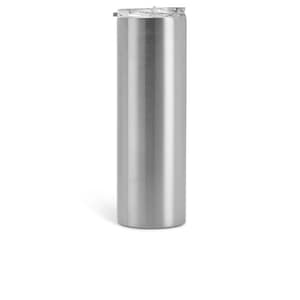 May include: A stainless steel tumbler with a clear plastic lid. The cylindrical insulated tumbler is designed to keep beverages cold or hot. The tumbler is approximately 8 inches tall.
