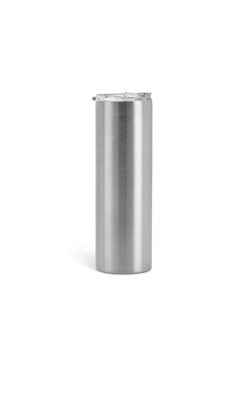 May include: A stainless steel tumbler with a clear plastic lid. The cylindrical insulated tumbler is designed to keep beverages cold or hot. The tumbler is approximately 8 inches tall.