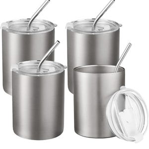 May include: A set of four stainless steel tumblers with lids and reusable straws. One lid is removed, showing the interior. The tumblers are cylindrical and have a brushed metal finish. The straws are silver and curved.