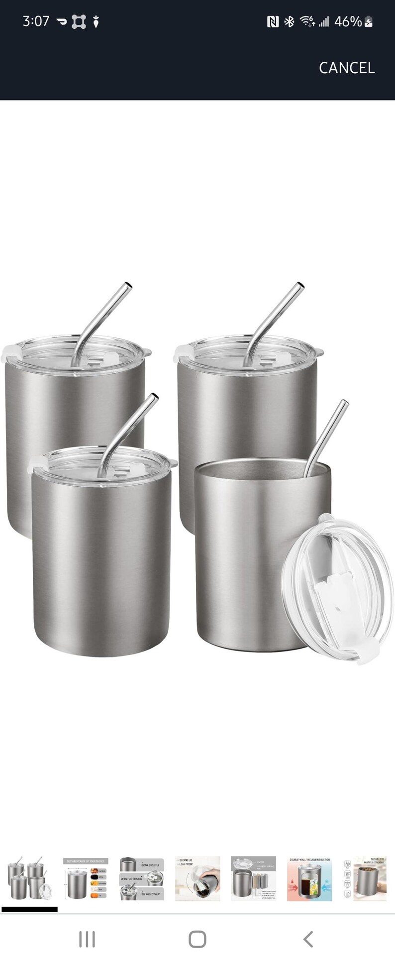 May include: A set of four stainless steel tumblers with lids and reusable straws. One lid is removed, showing the interior. The tumblers are cylindrical and have a brushed metal finish. The straws are silver and curved.