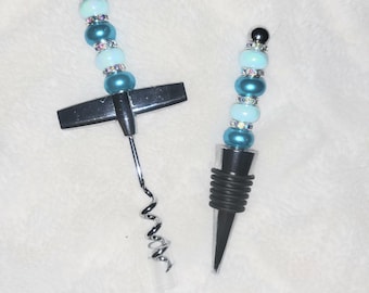 Wine Stopper and Cork Screw Wine Opener Matching Beaded Set