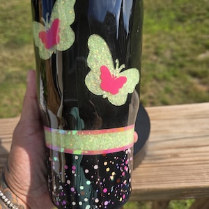Glow in the Dark Butterfly Tumbler: Black Glitter Epoxy Stainless Steel
