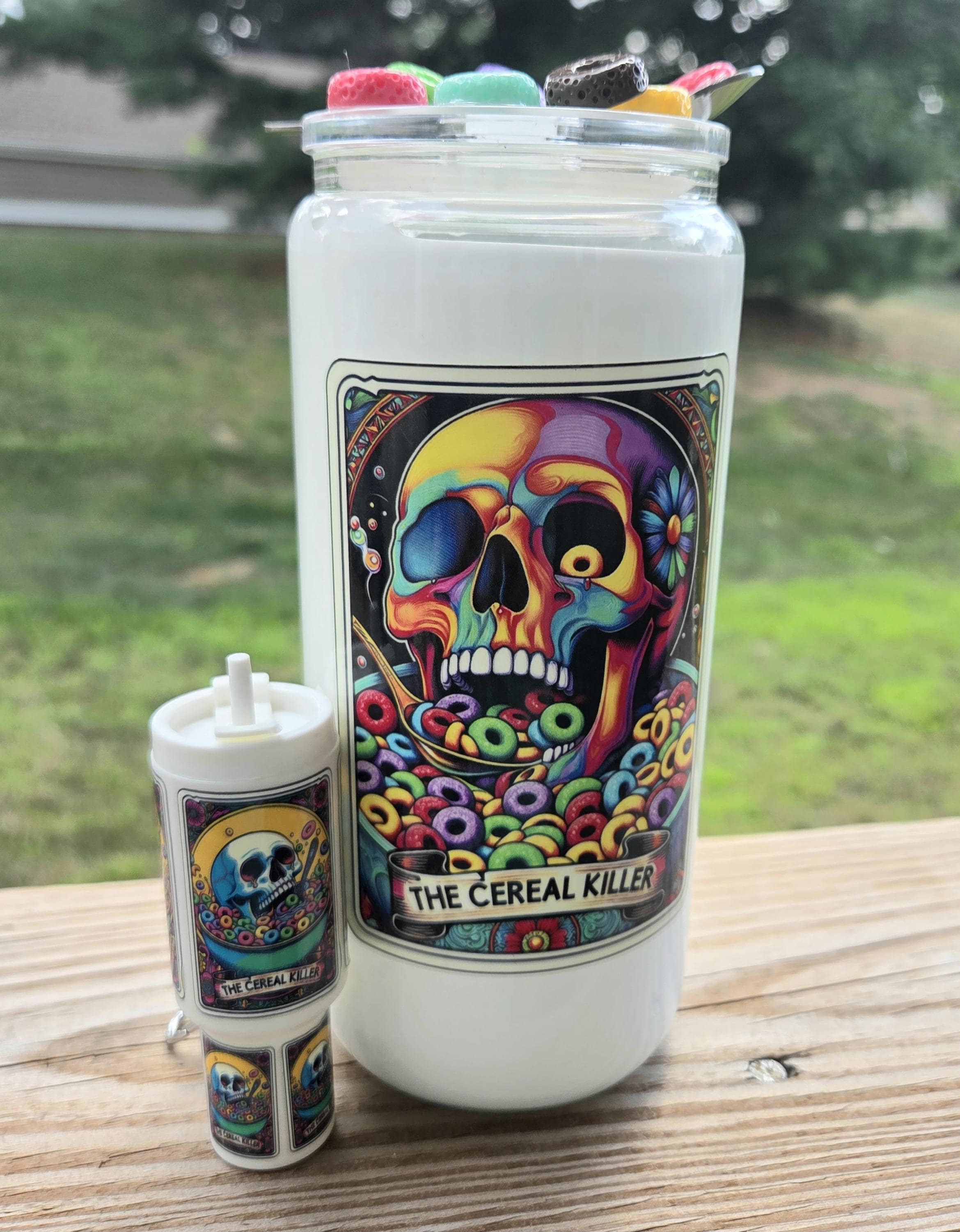 Glass snowglobe tumbler with matching mini tumbler keychain, Cereal killer snowglobe with faux milk liquid, 3D cereal and spoon lid, gifts