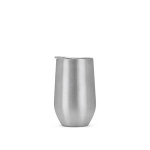 May include: A stainless steel stemless wine tumbler with a lid. The insulated cup has a brushed metal finish and a curved, ergonomic shape. The tumbler is designed to keep beverages cold or hot.