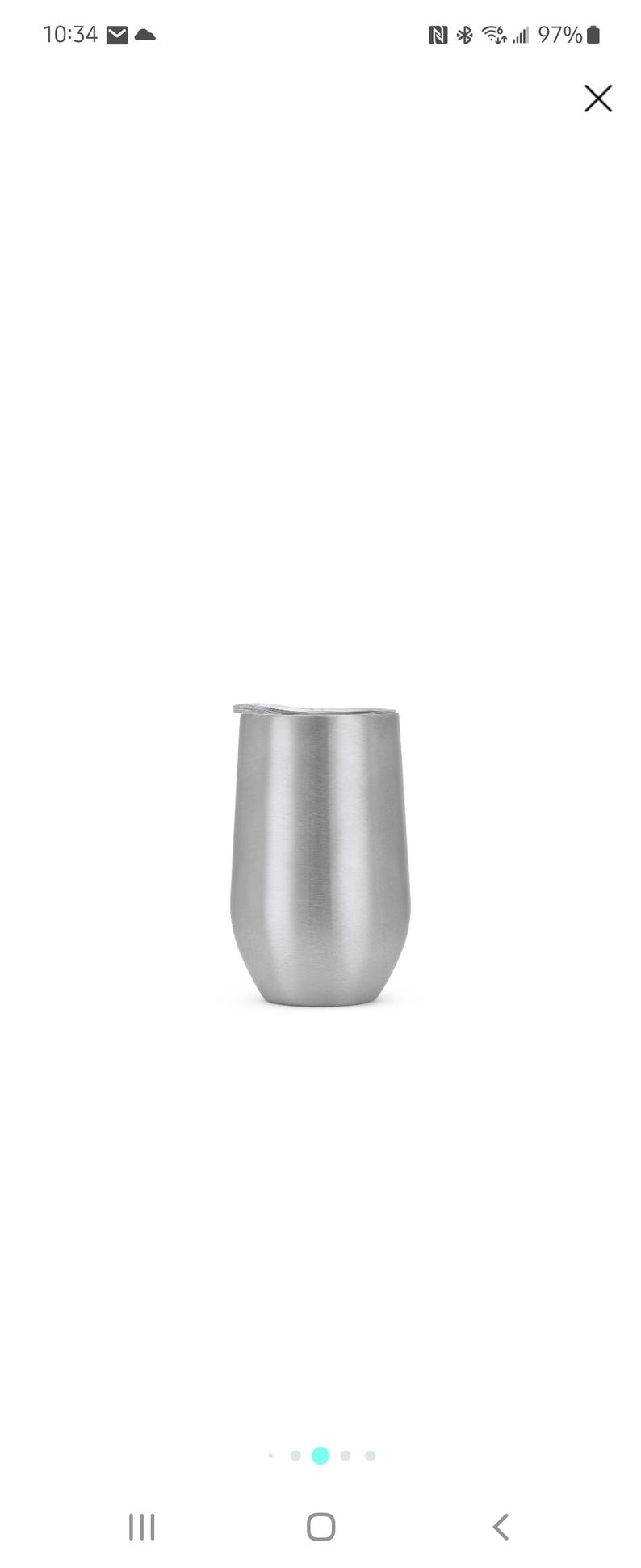 May include: A stainless steel stemless wine tumbler with a lid. The insulated cup has a brushed metal finish and a curved, ergonomic shape. The tumbler is designed to keep beverages cold or hot.