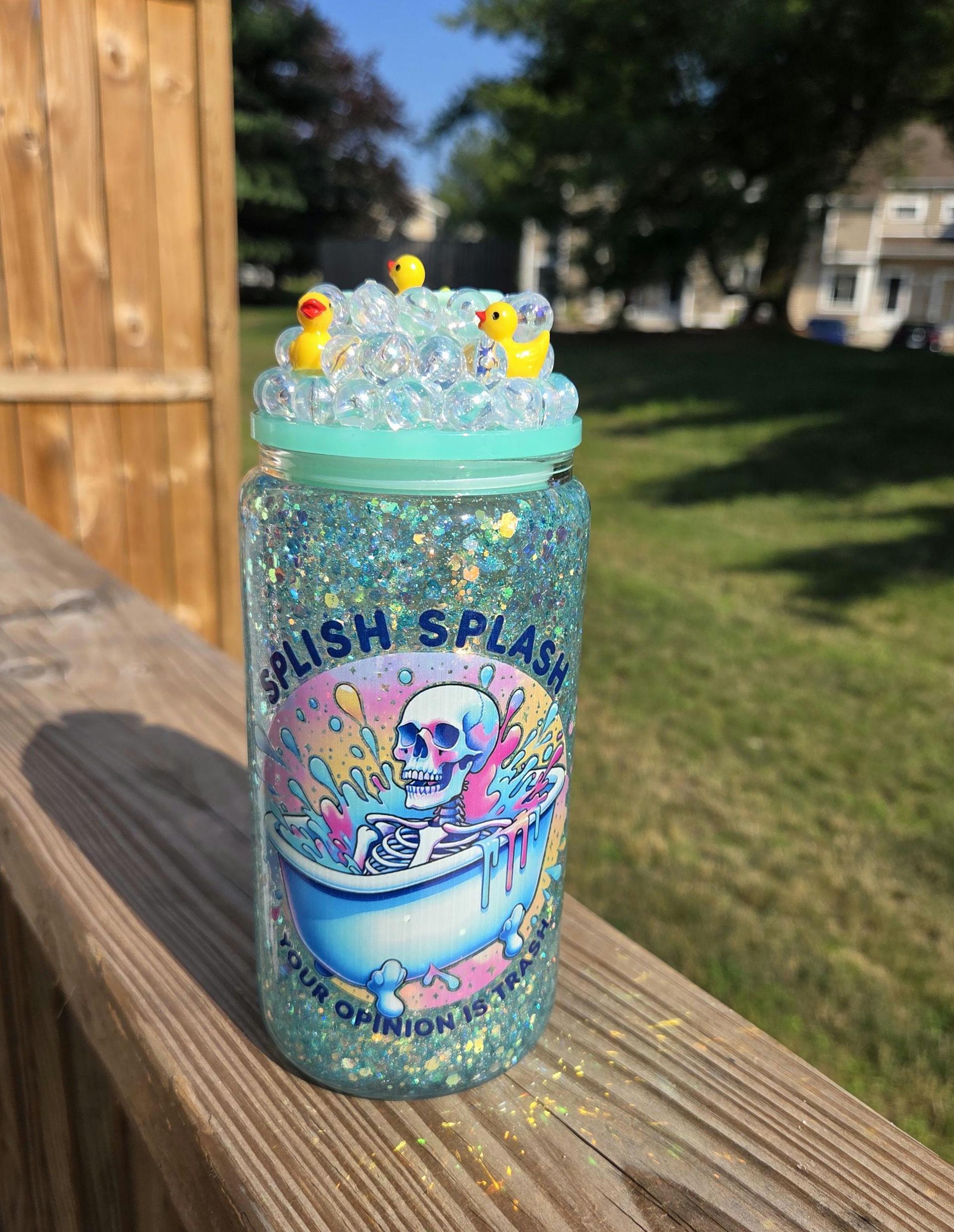 Glass Snow Globe Tumbler with Custom 3D Rubber Duck Lid, Slowflow Gitter Snowglobe, Sarcastic Gifts for Anyone Funny Drinkware Gifts Custom