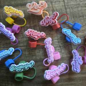 Op de afbeelding: Een verzameling kleurrijke dierenriemtekenflesstoppers. Elke stopper heeft de naam van een ander teken in een retro lettertype, met een bijpassende gekleurde ring en stopper. Tekens zijn onder meer Leo, Weegschaal, Maagd, Tweelingen, Ram, Vissen, Steenbok, Boogschutter en Schorpioen.