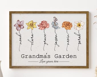 Regalo familiar de Navidad, estampado de flores del mes de nacimiento, Día de la Madre, Jardín de la abuela, Regalo para mamá, Regalo de agradecimiento, Letrero personalizado con el nombre de la familia