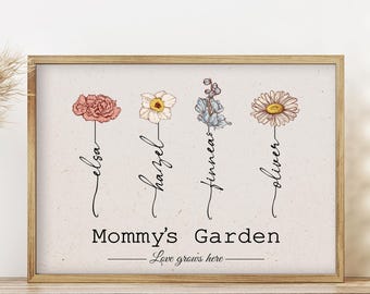 Birth Flower Grandma's Garden Sign, Personalized Christmas Gift for Grandma from Grandchildren, Mothers Day Gift, Family Name Gift for Nana