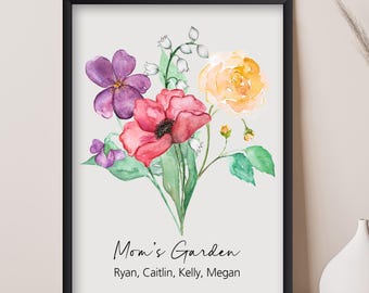 Ramo de flores de nacimiento, letrero con nombre de familia, impresión artística del mes de nacimiento del jardín de la abuela, regalo personalizado para mamá, regalo de Navidad, regalos de la hija