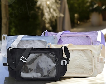 Ita Bag Crossbody, Retro Anime Ita Bag, Crossbody Shoulder Bag with Transparent Display Window, Pin Display Bag, Daily Kawaii Commuter Bag