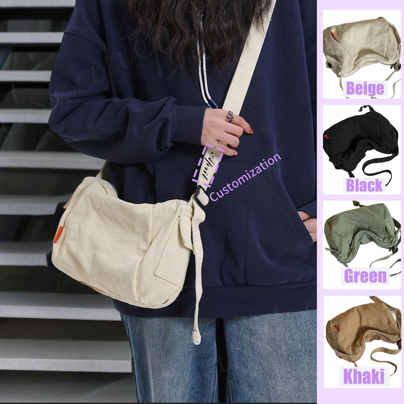 May include: A beige canvas shoulder bag with a long strap. The bag has a flap closure and a small pocket on the front. The bag is shown being worn by a person. The strap has the text "Customization" written on it.
