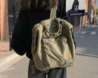 Vintage Solid Color Canvas Backpack, Custom Student Bag, School Canvas Backpack, Travel, Work, Casual Backpack, Back To School, Gift For Her