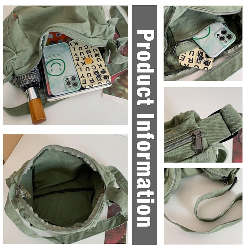 May include: A green canvas shoulder bag with a zipper closure and a long adjustable strap. The bag has a small pocket on the front and a larger pocket on the inside. The bag is shown with a phone and other items inside.