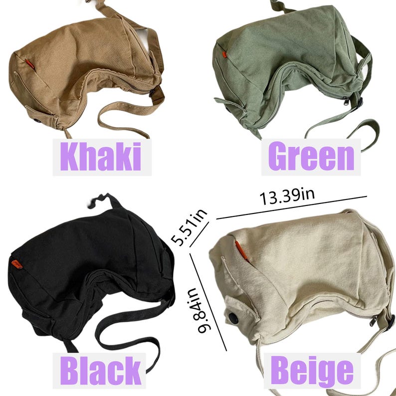 May include: Four canvas shoulder bags in different colors: khaki, green, black, and beige. The bags are all the same style, with a curved flap and a strap that goes over the shoulder. The bags are all about 13 inches long and 9 inches wide.