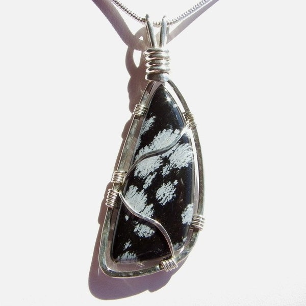 Wire Wrapped Snowflake Obsidian Pendant - Sterling Silver Wire Wrapped Pendant - Obsidian Necklace - Wire Wrapped Cabochon - Stone Cabochon