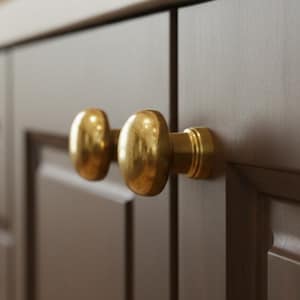 May include: Close-up of two brass cabinet knobs with an oval shape. The knobs are mounted on a dark brown cabinet door. The knobs have a polished, reflective surface, and the cabinet door has a wood grain texture.
