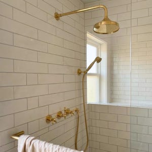Unlacquered Brass Shower System, Antique Brass Shower Set with Handheld, Rainfall Shower Head