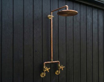 Unlacquered Solid Copper Shower System, Outdoor Shower, Rainfall Shower Head, Copper and Brass Shower Set