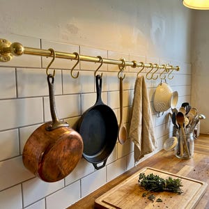 Unlacquered Brass Pot Rail, Wall Mount Pot Rack with S hooks, Solid Brass Kitchen Organizer