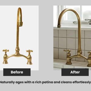 Before and after comparison of unlacquered brass faucet, showing natural patina aging into a warm antique finish over time.