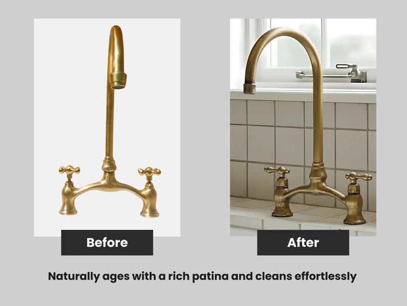 Before and after comparison of unlacquered brass faucet, showing natural patina aging into a warm antique finish over time.