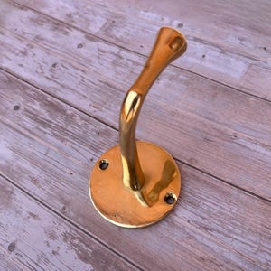 Angled view of brass wall hook mounted on wooden wall.