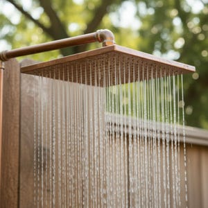 May include: A square, copper-colored outdoor shower head with water cascading down. The shower head is mounted on a copper pipe and supported by a wooden structure. The background is blurred, showing a natural outdoor setting.
