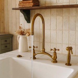 Unlacquered Brass Kitchen Faucet, Solid Brass Faucet, Bridge Faucet, Sink Faucet, Antique Brass Faucet, Vintage Kitchen Sink Faucet