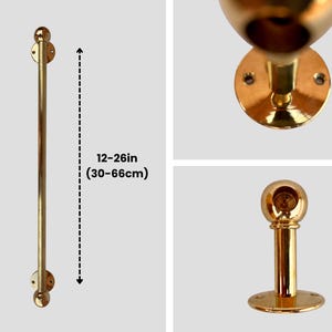 Product dimensions diagram showing brass towel bar 12–26 inches (30–66 cm) with close-up mount views.
