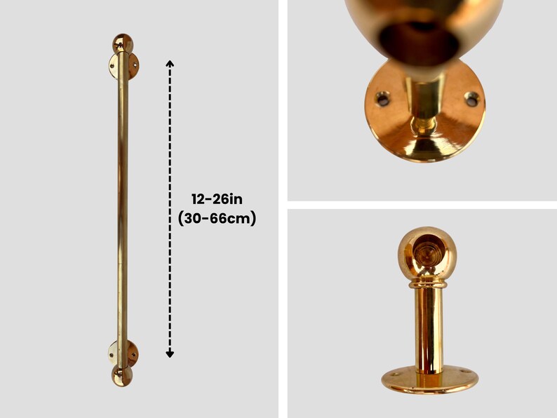 Product dimensions diagram showing brass towel bar 12–26 inches (30–66 cm) with close-up mount views.
