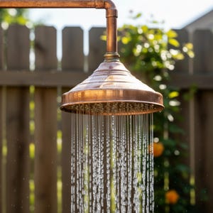 Può includere: Soffione doccia esterno color rame con acqua che cade. Il soffione è montato su tubi di rame. Lo sfondo è sfocato, mostrando una recinzione in legno e vegetazione.