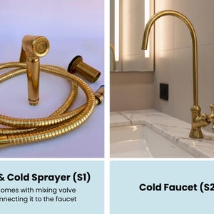 Optional add-ons for brass faucet: hot & cold sprayer with hose and mixing valve, plus standalone cold water faucet option.