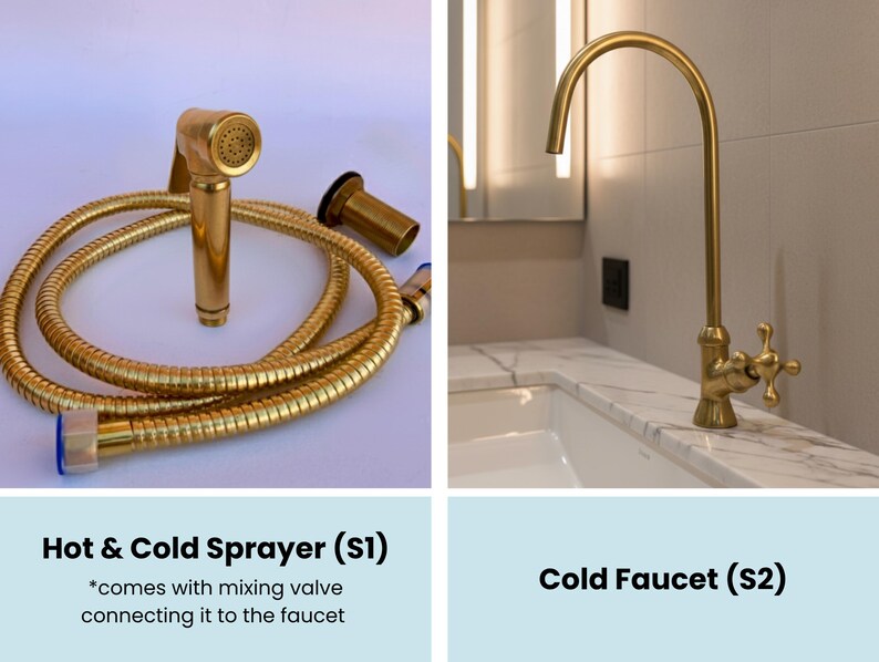 Optional add-ons for brass faucet: hot & cold sprayer with hose and mixing valve, plus standalone cold water faucet option.