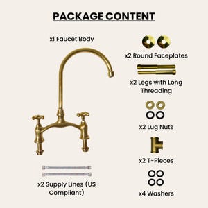 Package contents: brass faucet body, faceplates, threaded legs, washers, T-pieces, lug nuts, and US-compliant supply lines.